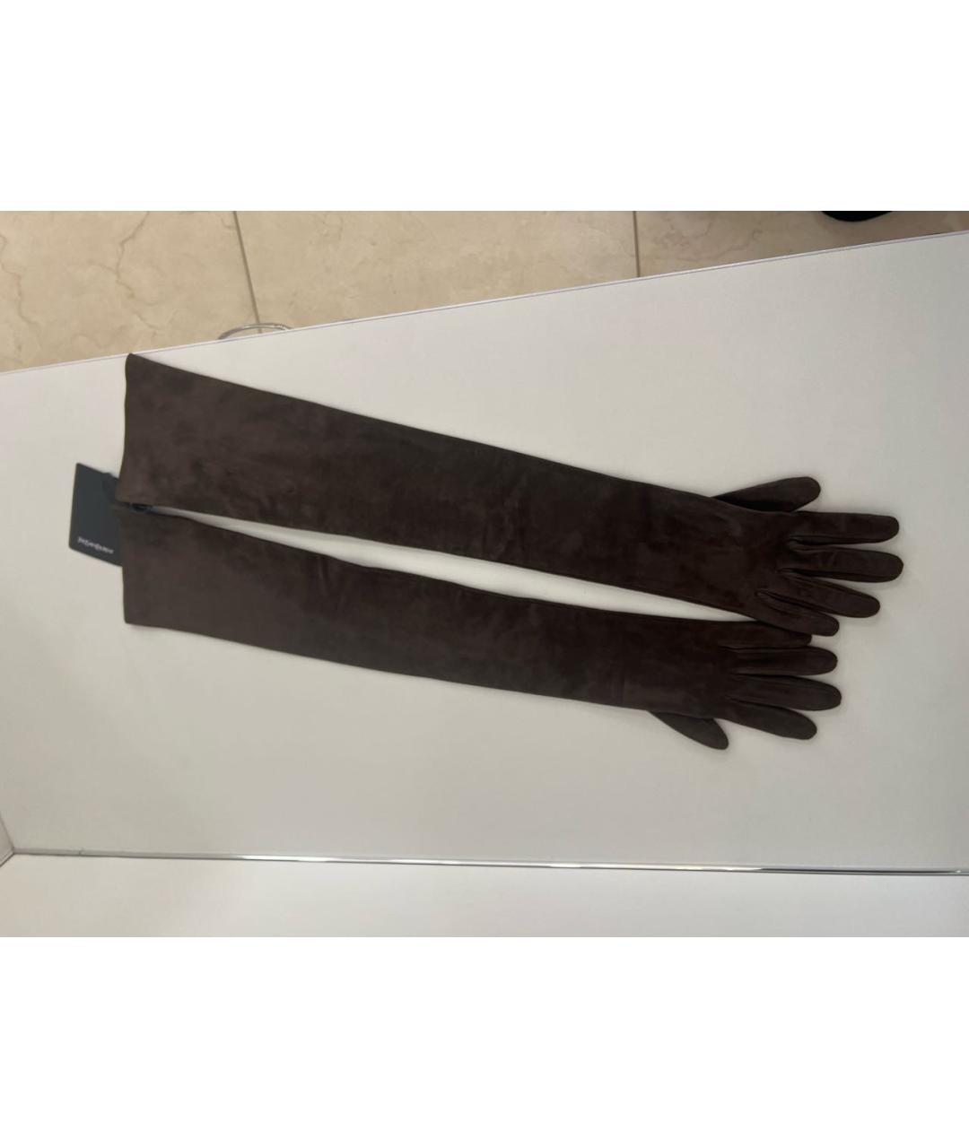 SAINT LAURENT Коричневые кожаные перчатки, фото 3