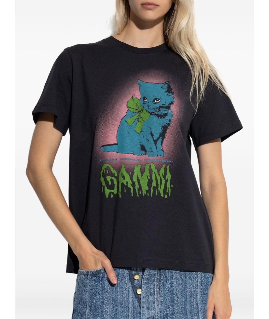 GANNI Черная хлопковая футболка, фото 3