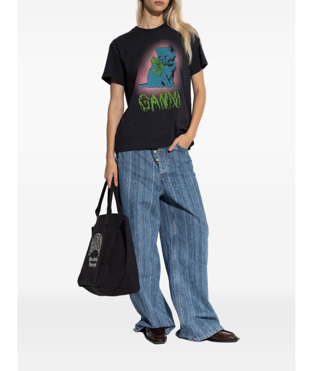 GANNI Черная хлопковая футболка, фото 2