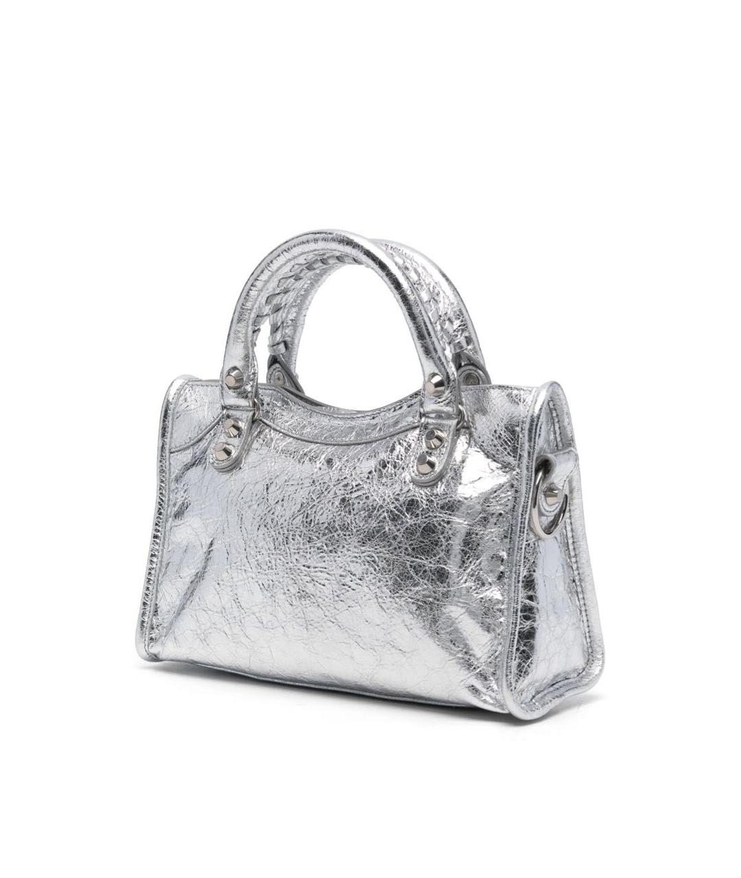 BALENCIAGA Серебряная кожаная сумка с короткими ручками, фото 4
