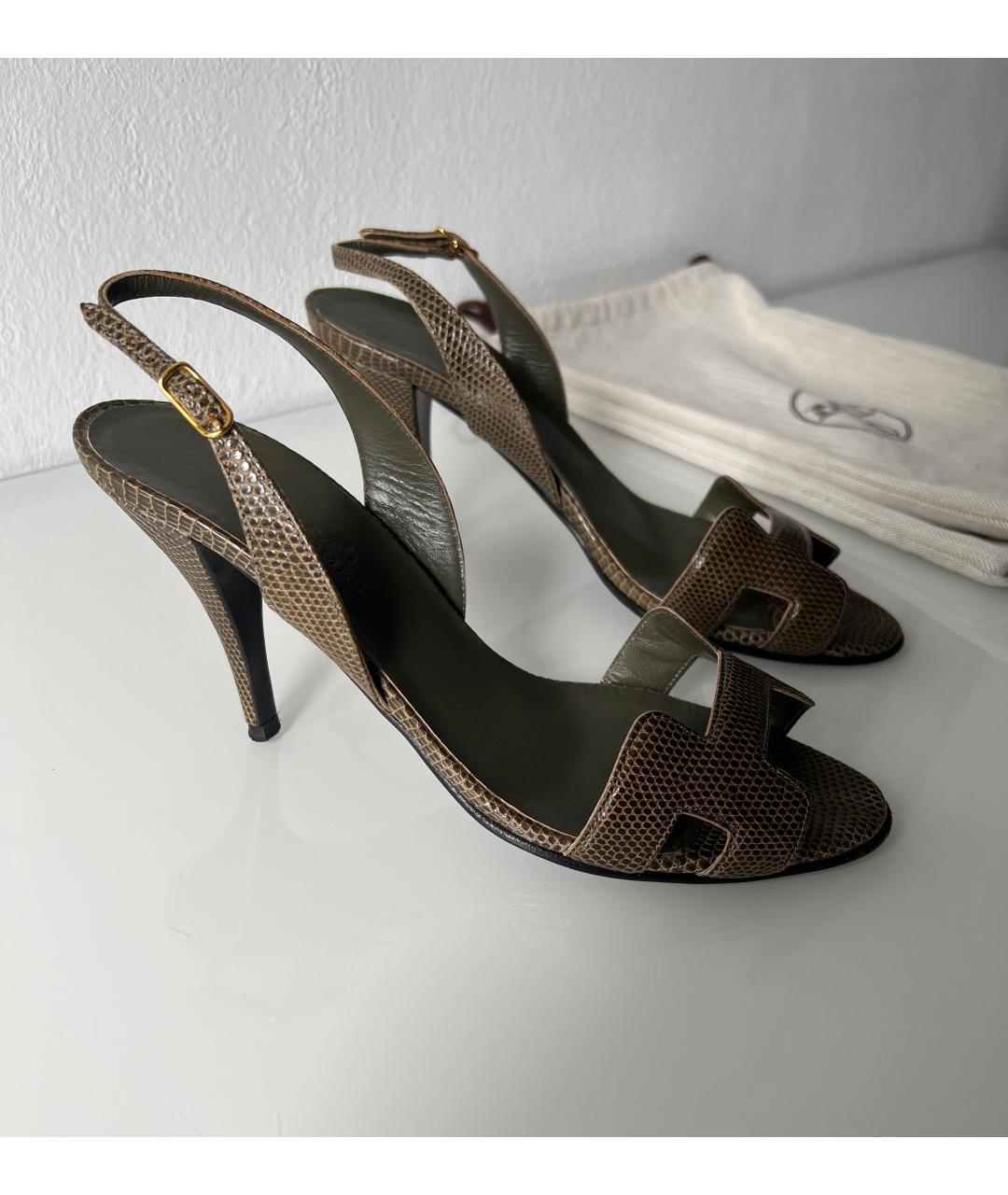 HERMES Хаки босоножки из экзотической кожи, фото 6