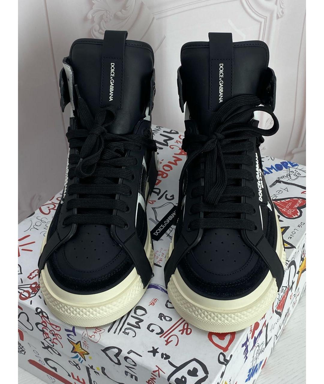 DOLCE&GABBANA Черные кожаные высокие кроссовки / кеды, фото 2