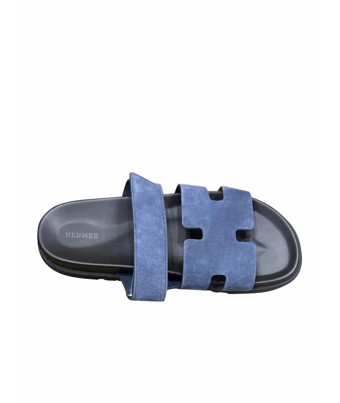 HERMES Темно-синие замшевые шлепанцы, фото 1