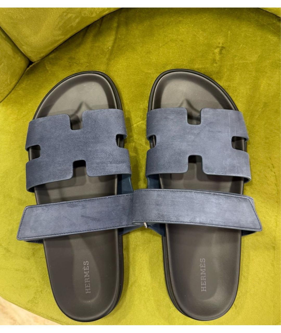 HERMES Темно-синие замшевые шлепанцы, фото 2