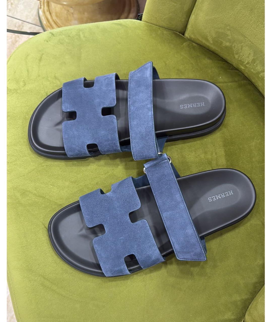 HERMES Темно-синие замшевые шлепанцы, фото 5
