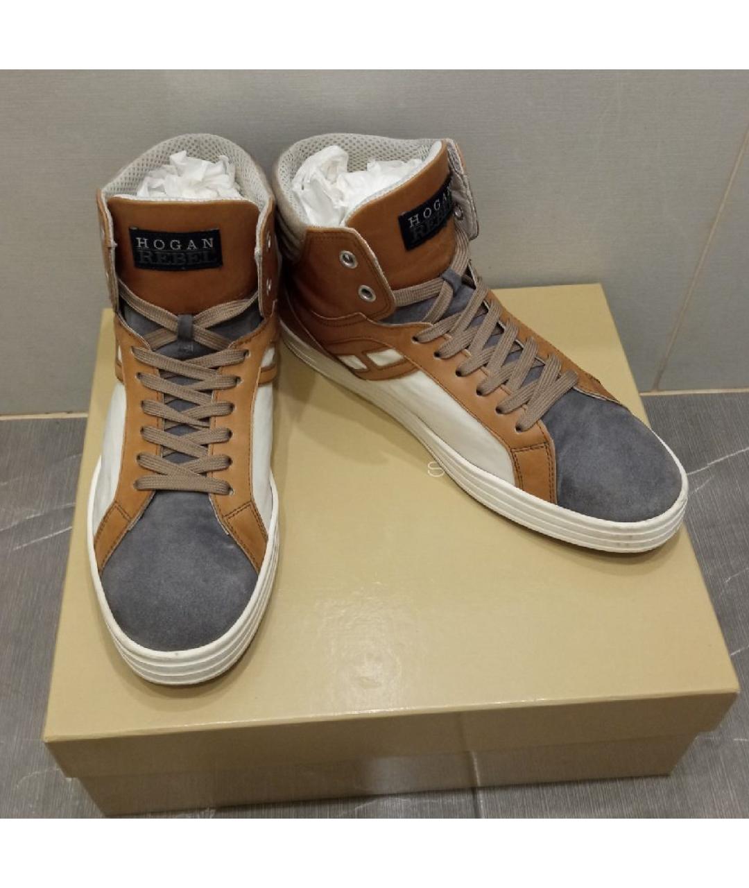 HOGAN Коричневые кожаные высокие кроссовки / кеды, фото 2