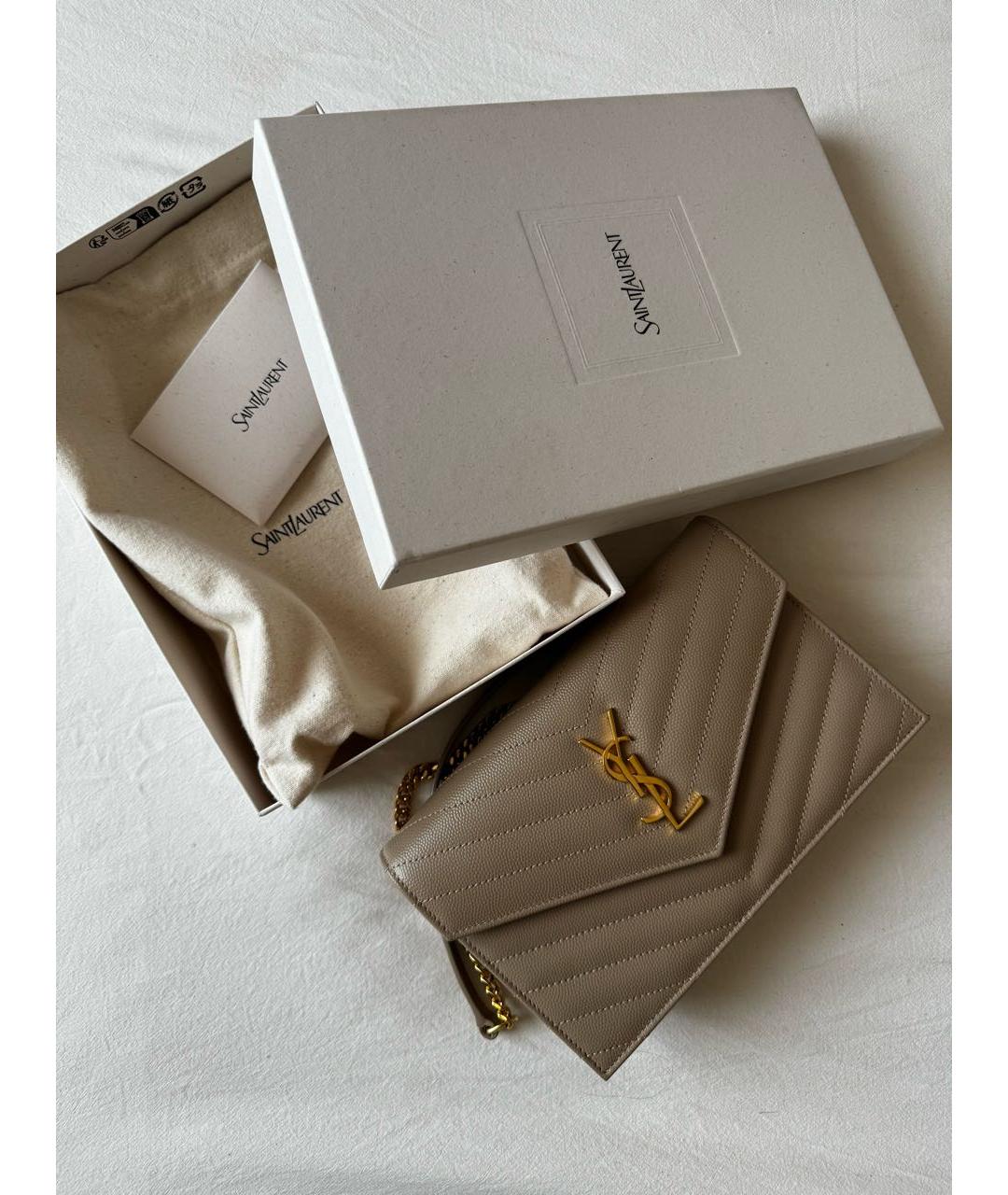 SAINT LAURENT Бежевая кожаная сумка через плечо, фото 4