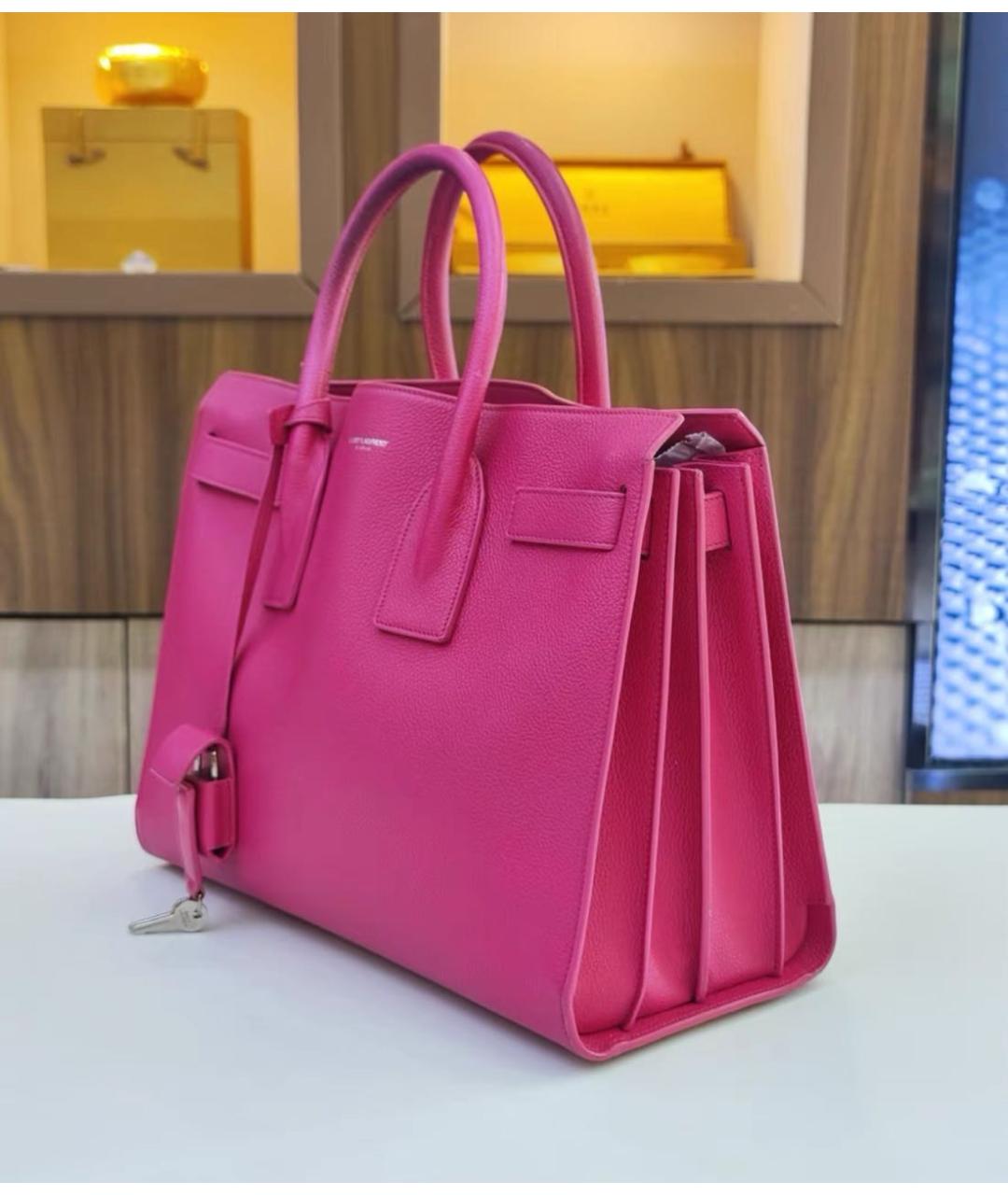 SAINT LAURENT Фуксия кожаная сумка с короткими ручками, фото 3