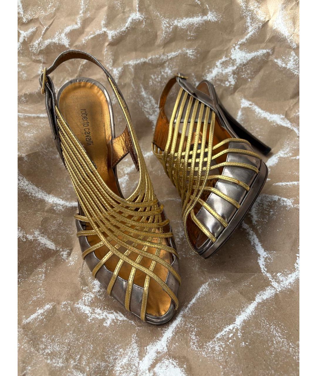 ROBERTO CAVALLI Золотые кожаные босоножки, фото 5