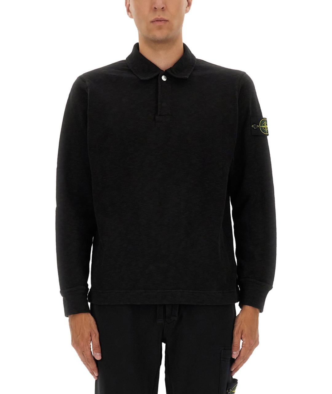 STONE ISLAND Черное хлопковое поло с длинным рукавом, фото 2