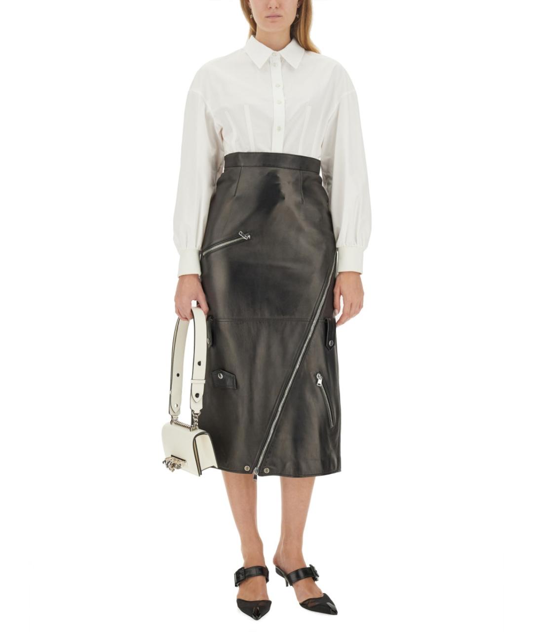 ALEXANDER MCQUEEN Черная кожаная юбка миди, фото 3