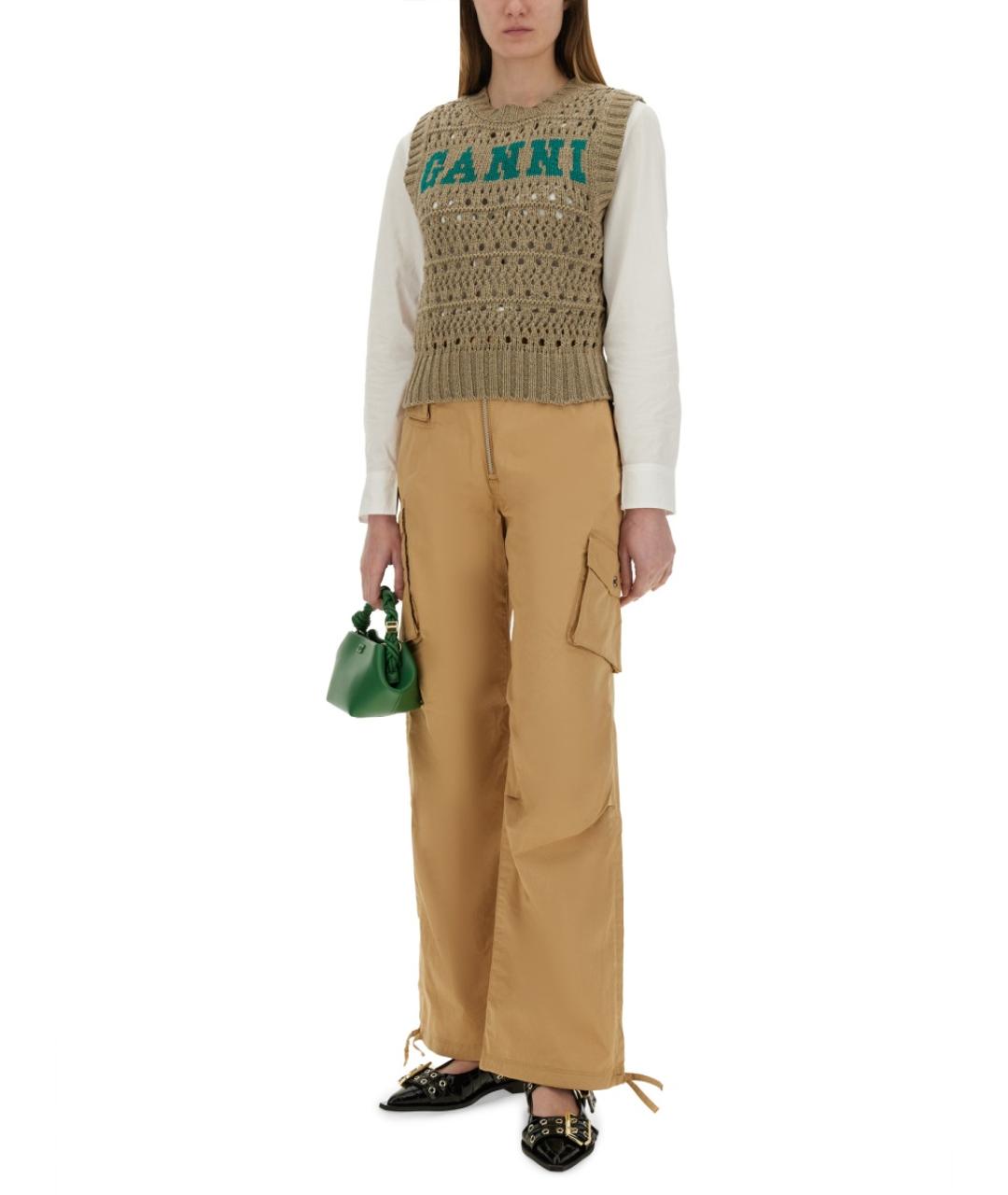 GANNI Бежевые хлопковые прямые брюки, фото 3