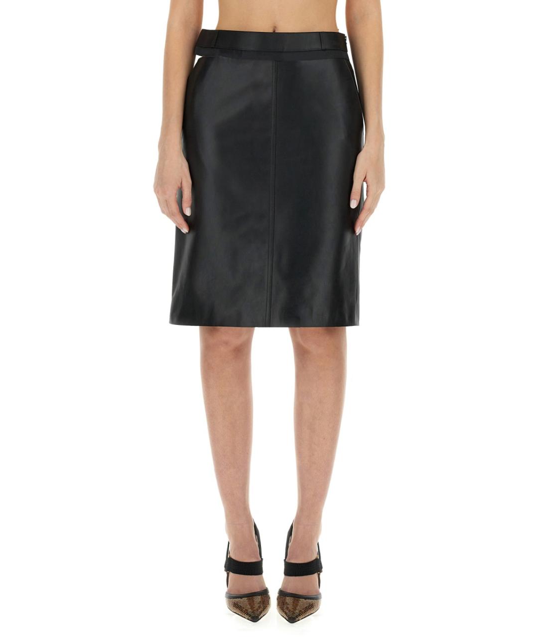 FENDI Черная кожаная юбка миди, фото 1
