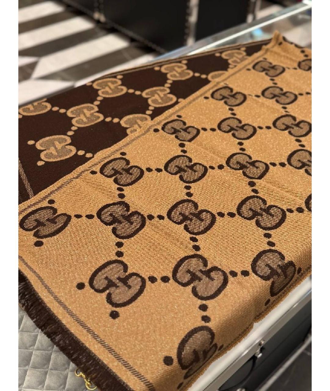 GUCCI Коричневый шерстяной шарф, фото 4