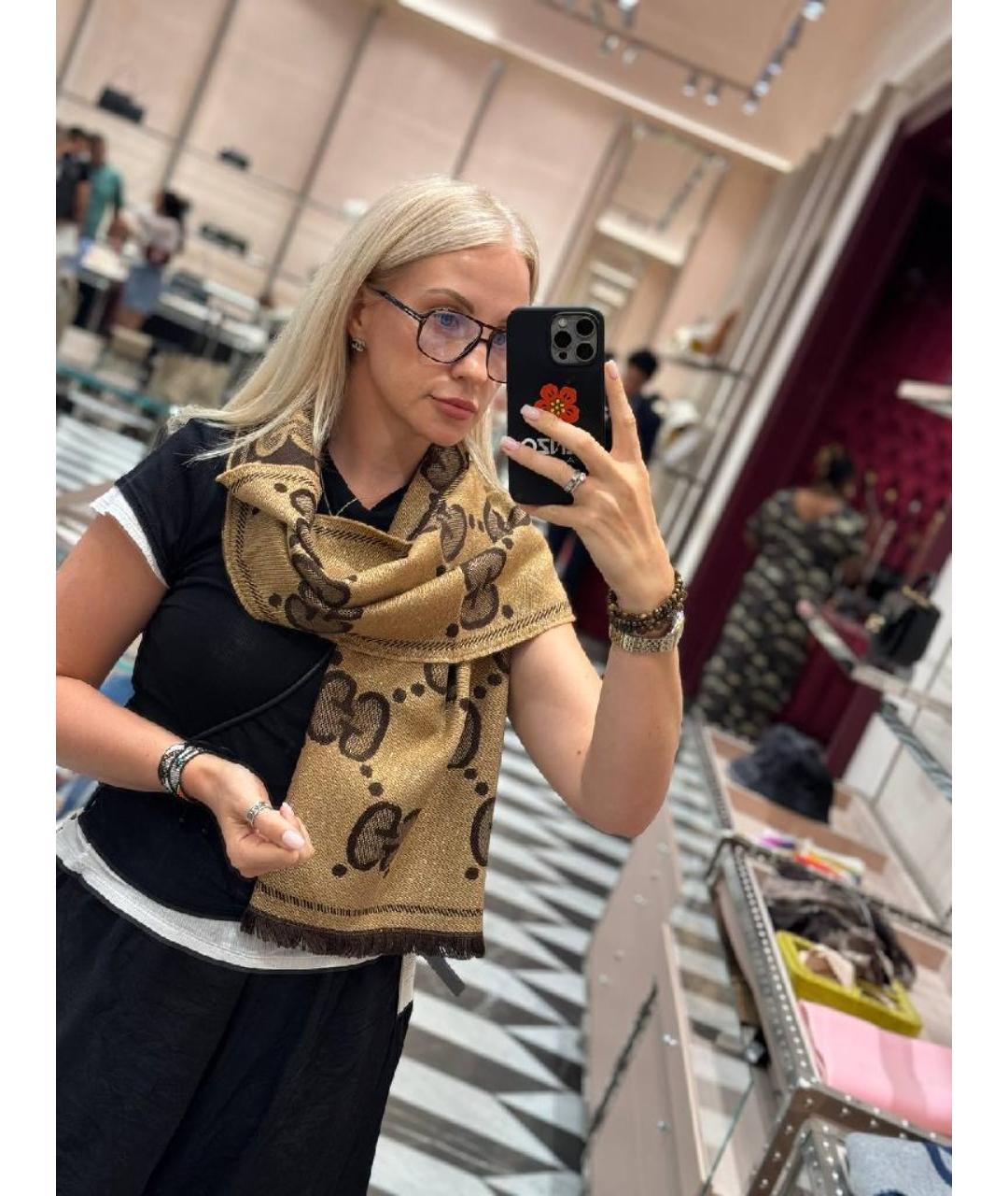 GUCCI Коричневый шерстяной шарф, фото 2