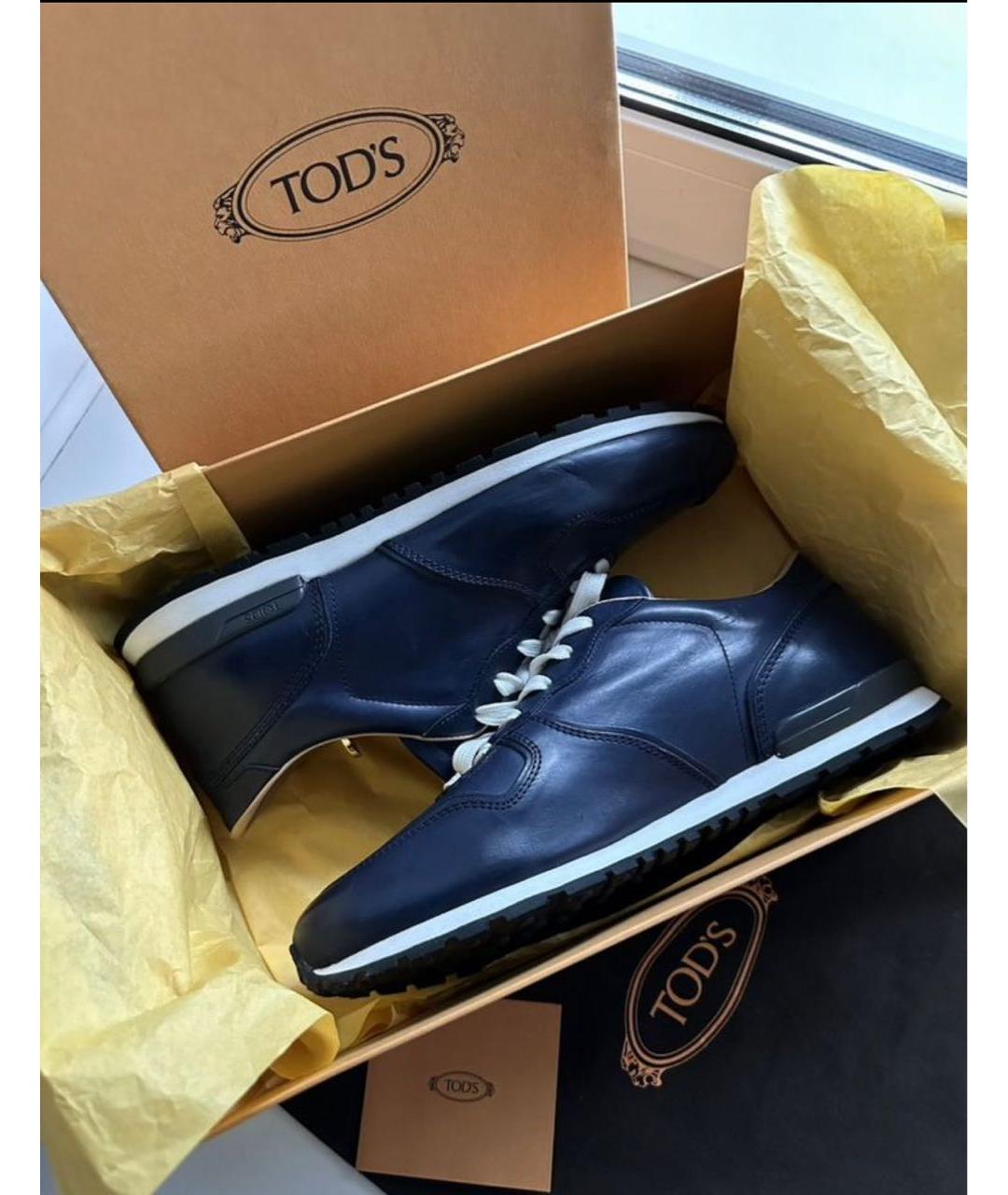 TOD'S Темно-синие кожаные низкие кроссовки / кеды, фото 2