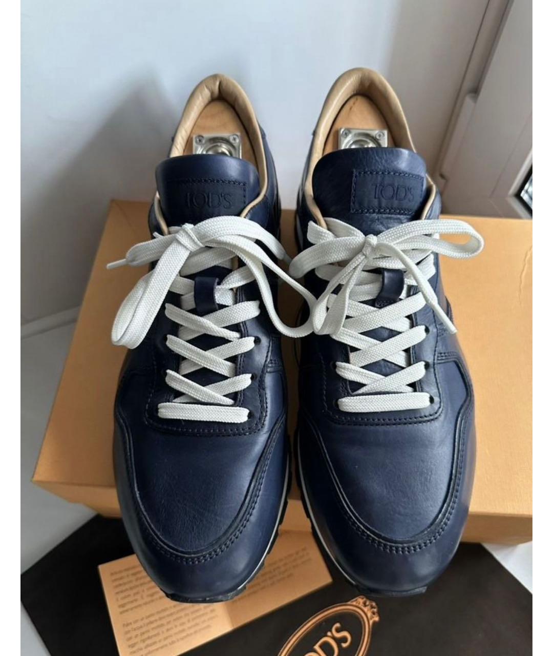 TOD'S Темно-синие кожаные низкие кроссовки / кеды, фото 4