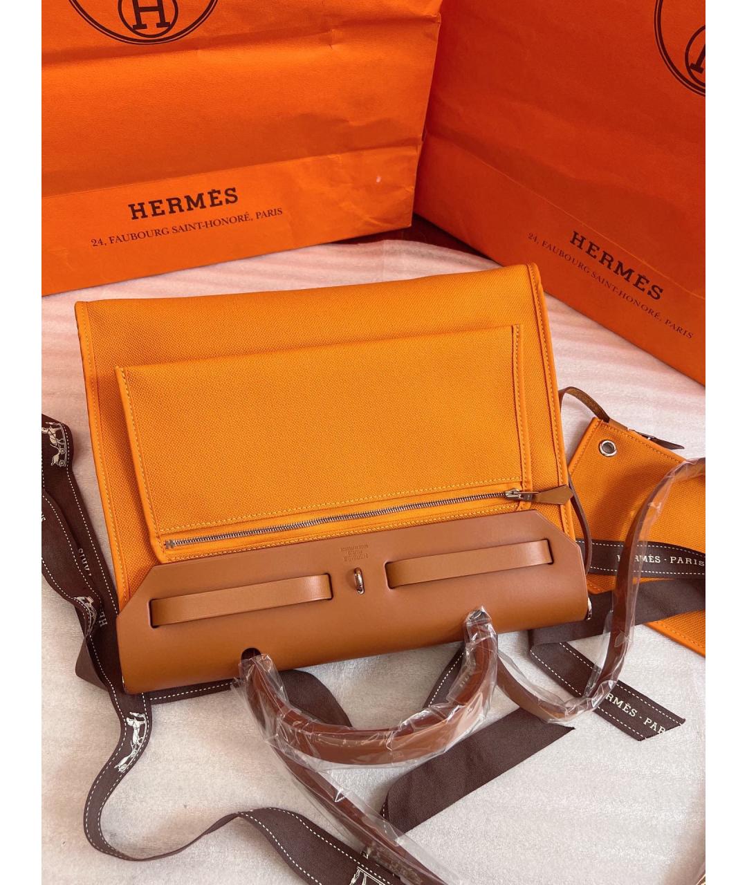 HERMES Оранжевая деним сумка с короткими ручками, фото 3