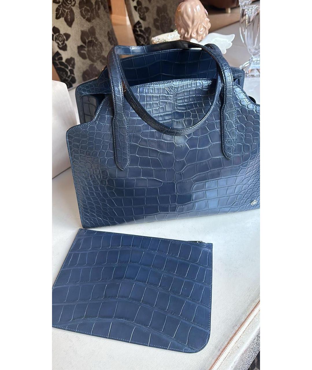 LORO PIANA Темно-синяя сумка тоут из экзотической кожи, фото 3