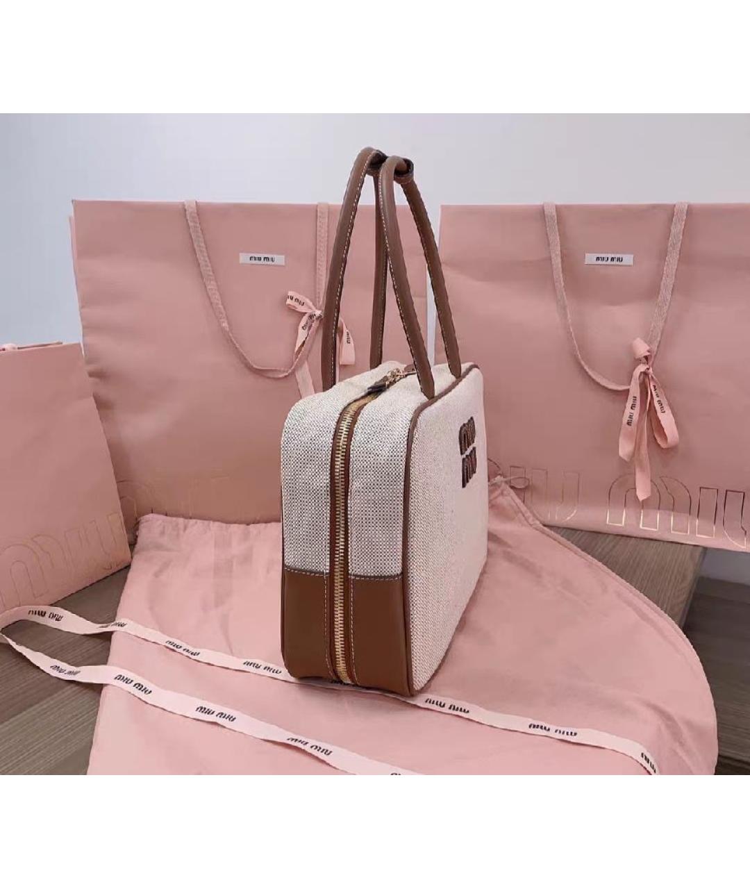 MIU MIU Бежевая тканевая сумка тоут, фото 3