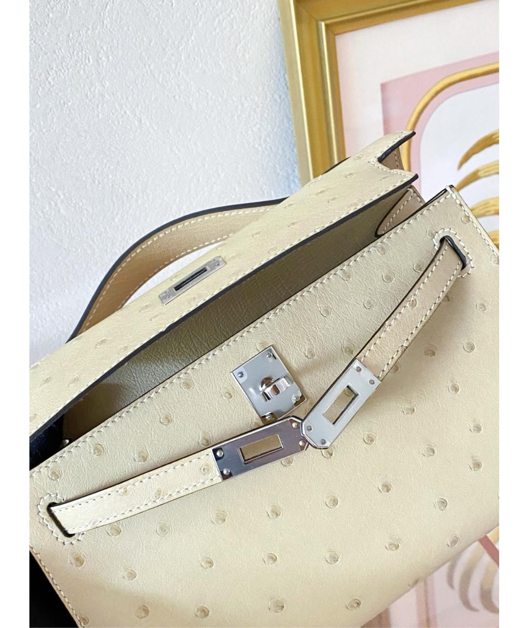 HERMES Бежевая сумка с короткими ручками из экзотической кожи, фото 4