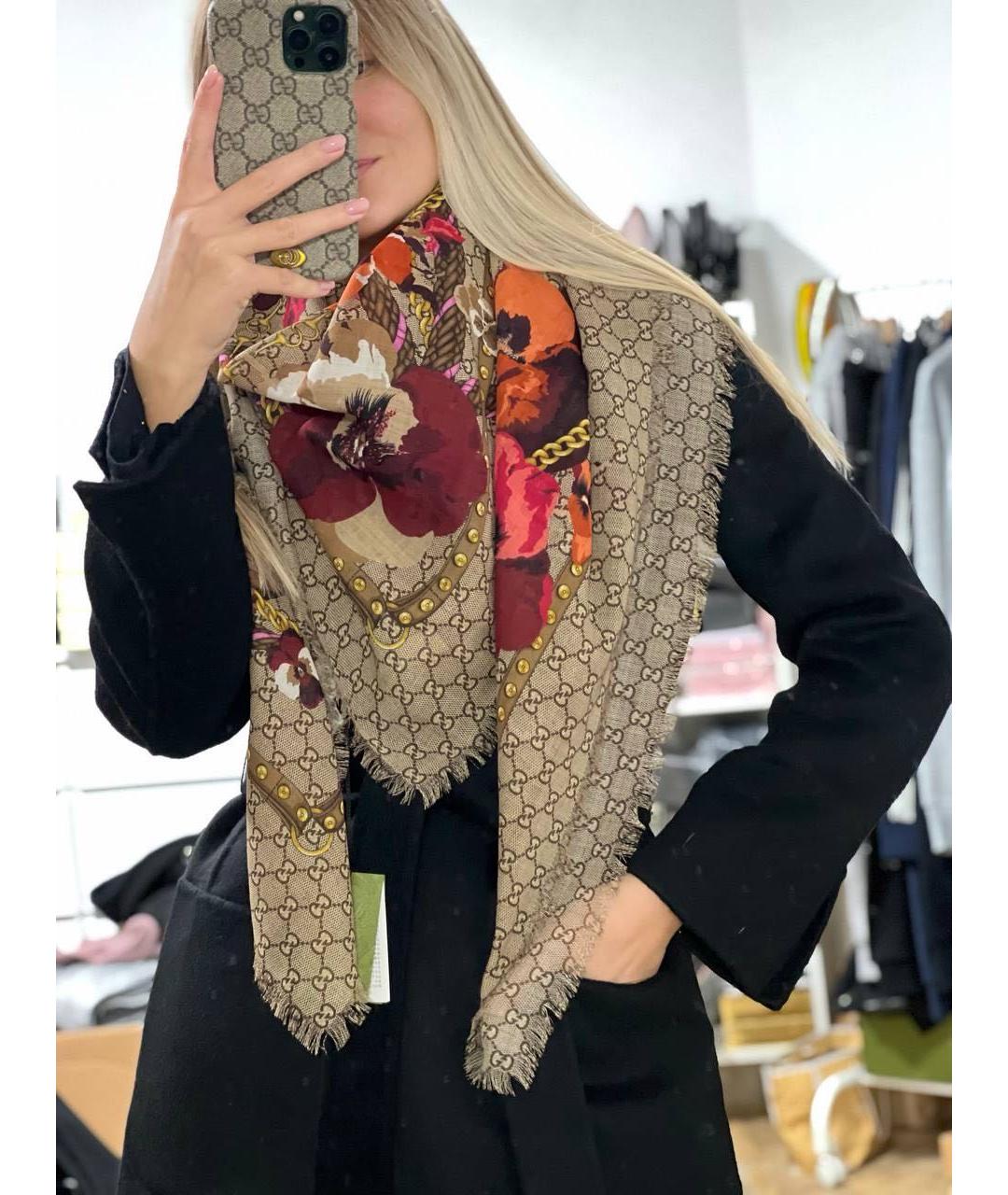 GUCCI Коричневый шерстяной платок, фото 7