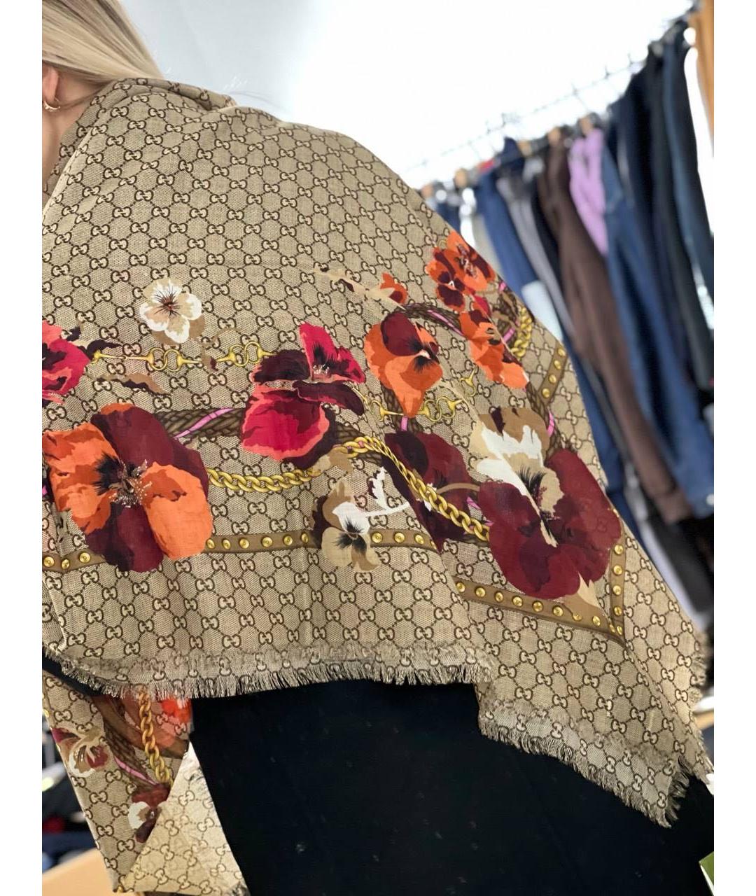GUCCI Коричневый шерстяной платок, фото 5