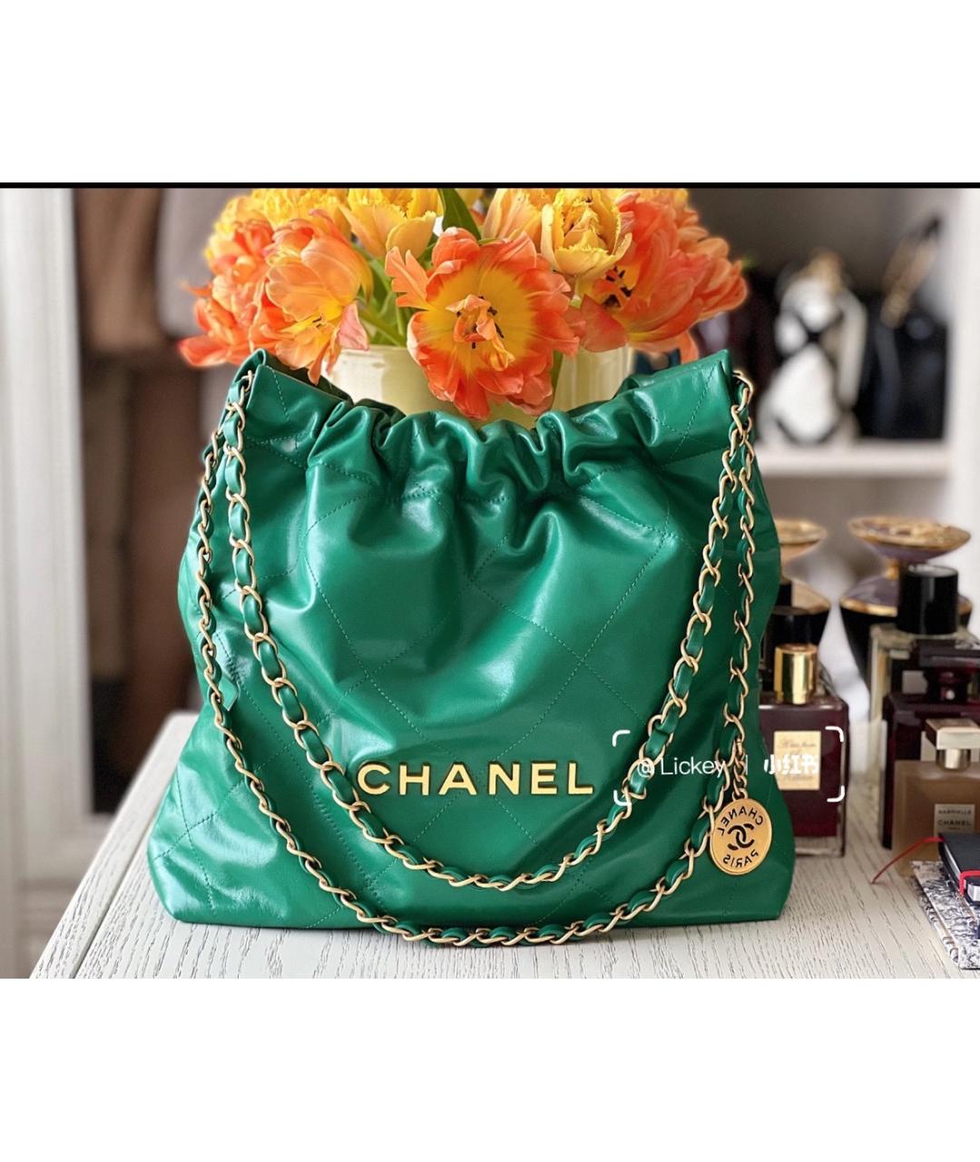 CHANEL Зеленая кожаная сумка тоут, фото 6