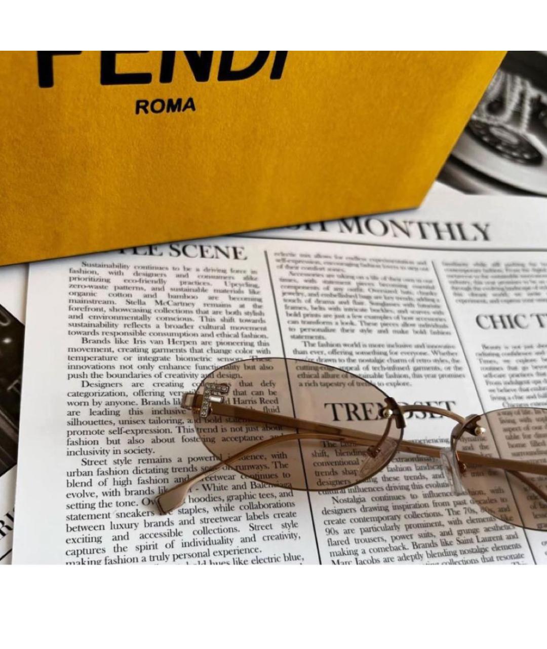 FENDI Бежевые металлические солнцезащитные очки, фото 6