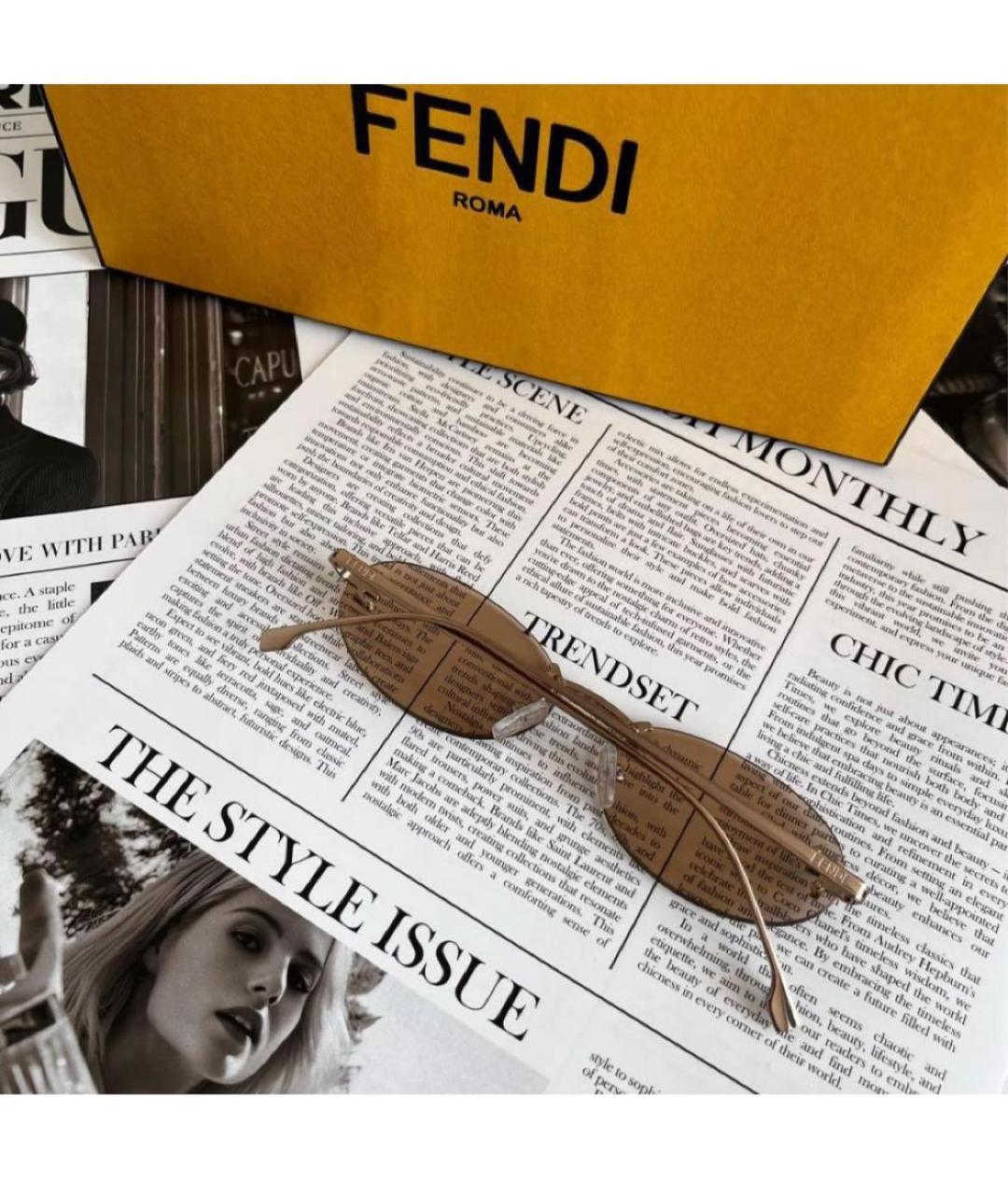 FENDI Бежевые металлические солнцезащитные очки, фото 3