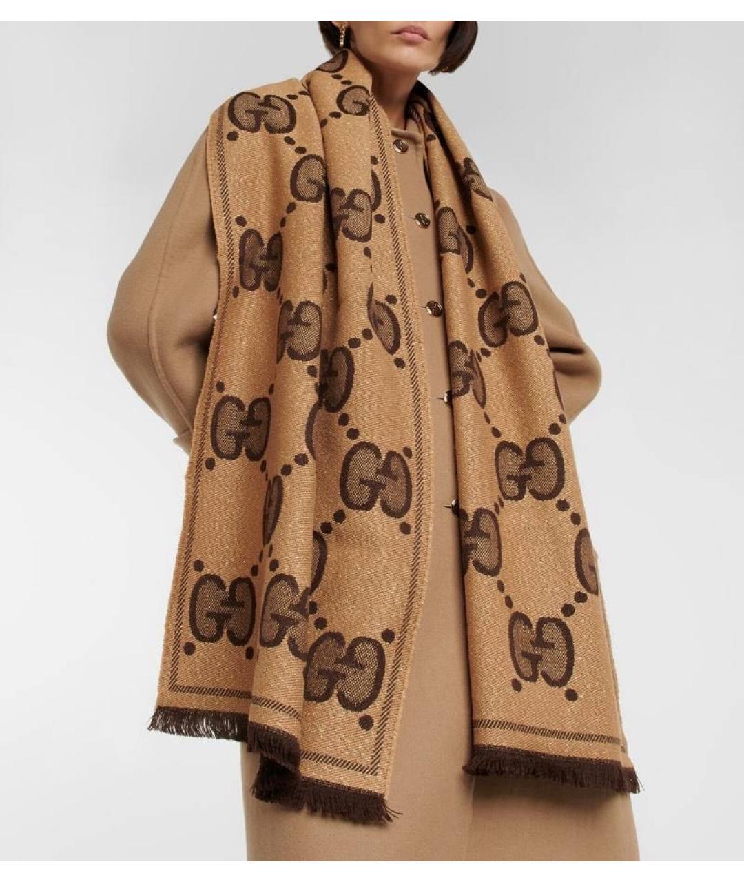 GUCCI Бежевый шерстяной шарф, фото 7