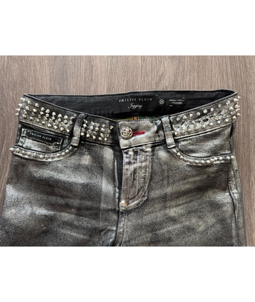 PHILIPP PLEIN Серебряные хлопко-эластановые джинсы слим, фото 3