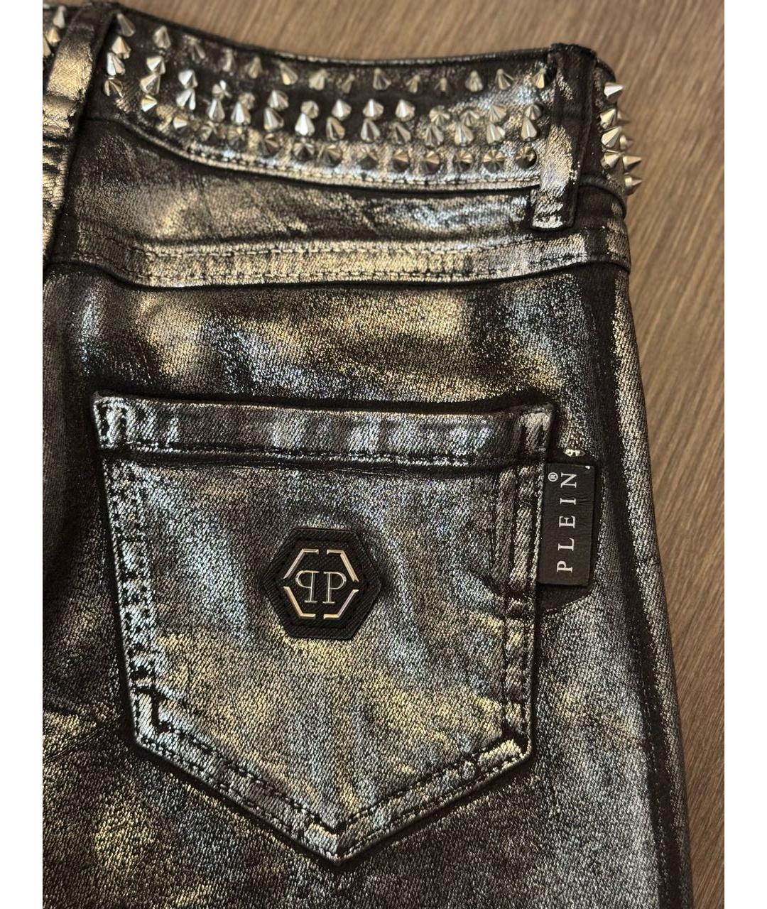 PHILIPP PLEIN Серебряные хлопко-эластановые джинсы слим, фото 4