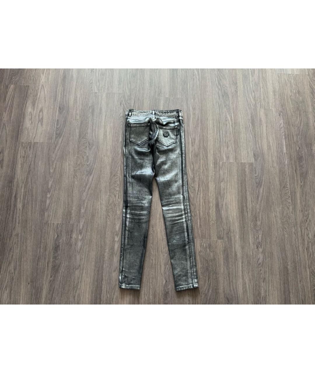 PHILIPP PLEIN Серебряные хлопко-эластановые джинсы слим, фото 2