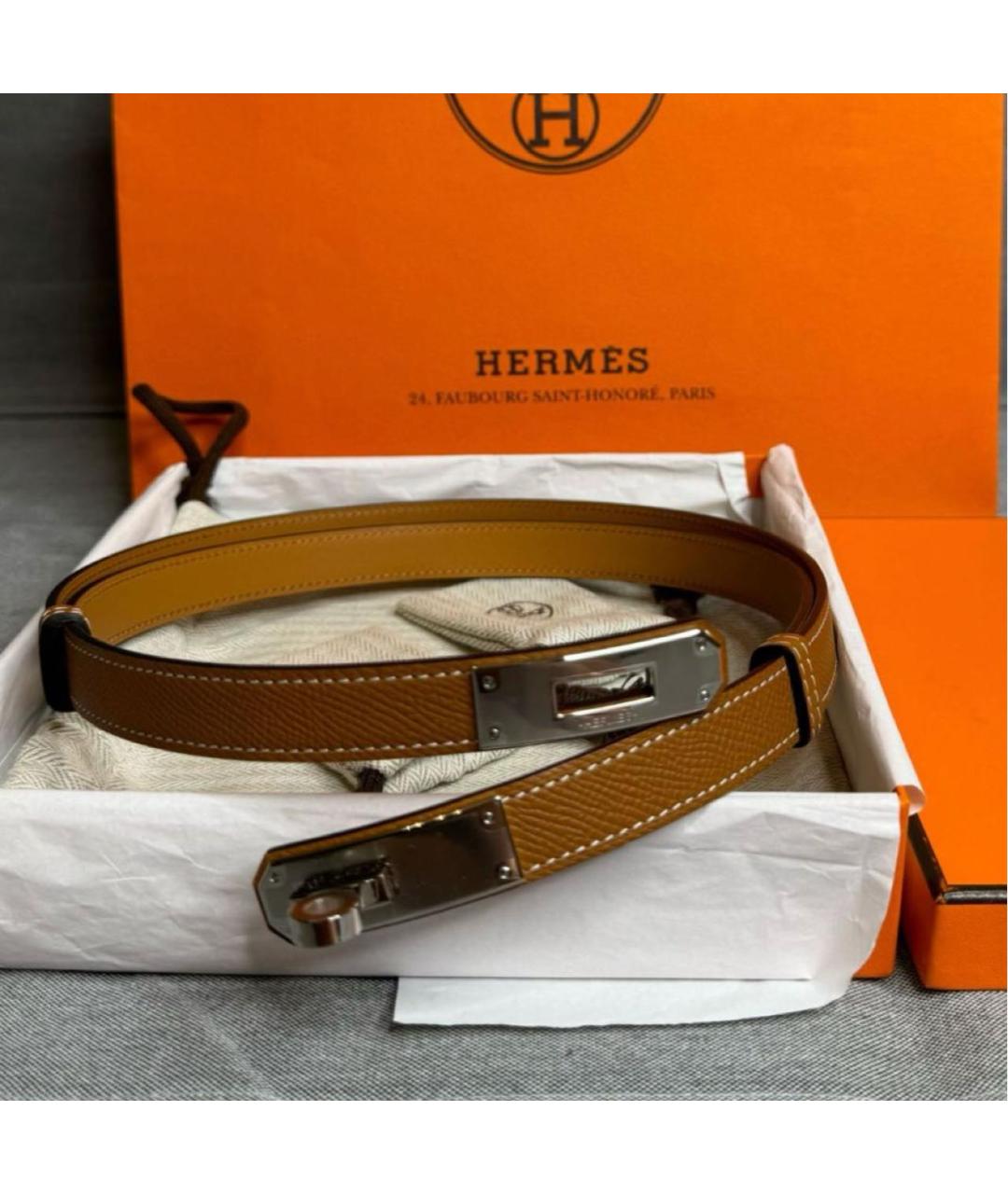 HERMES Золотой кожаный ремень, фото 2
