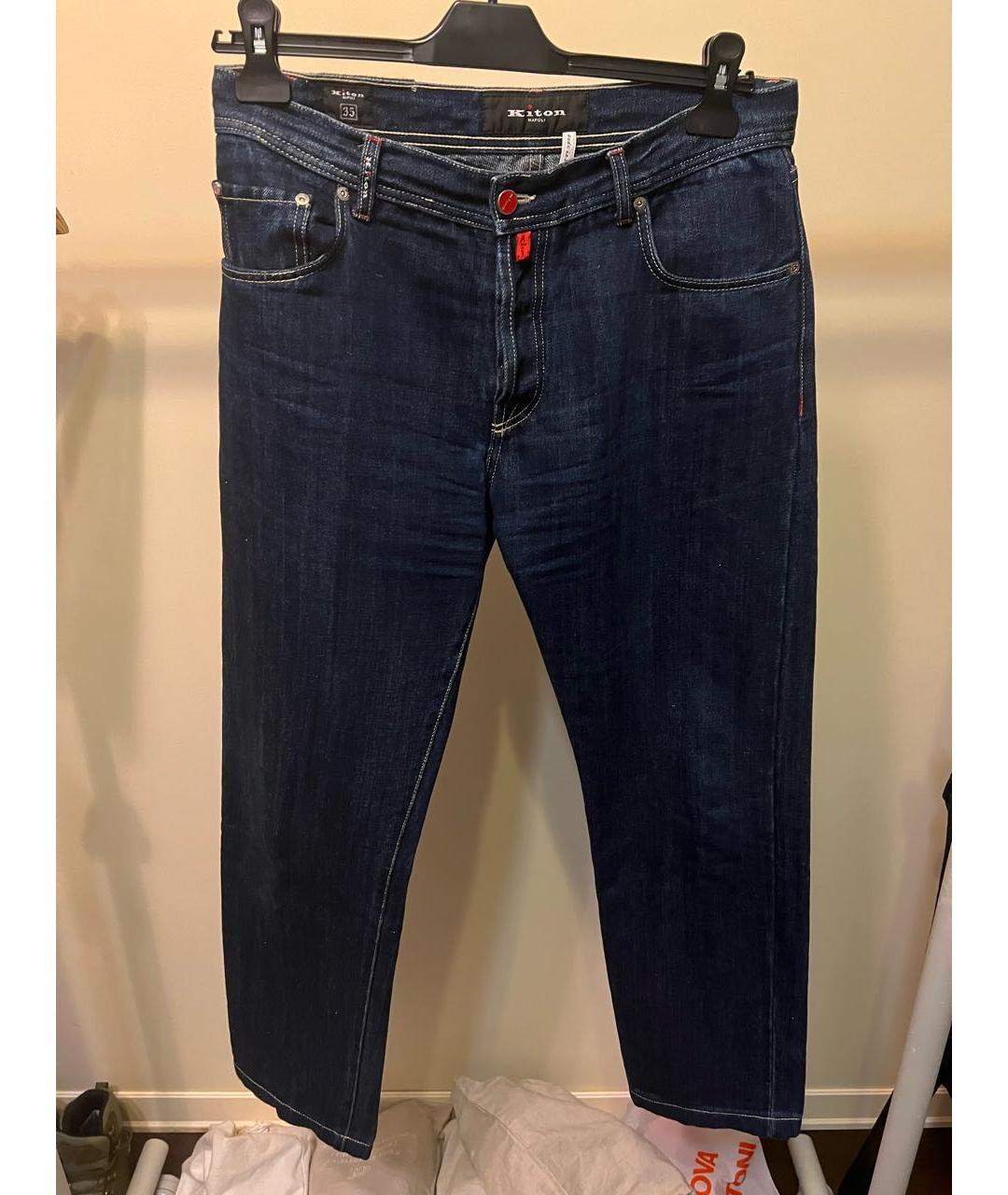 KITON Синие хлопко-леновые прямые джинсы, фото 7