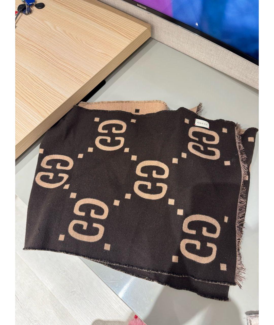 GUCCI Коричневый кашемировый шарф, фото 4