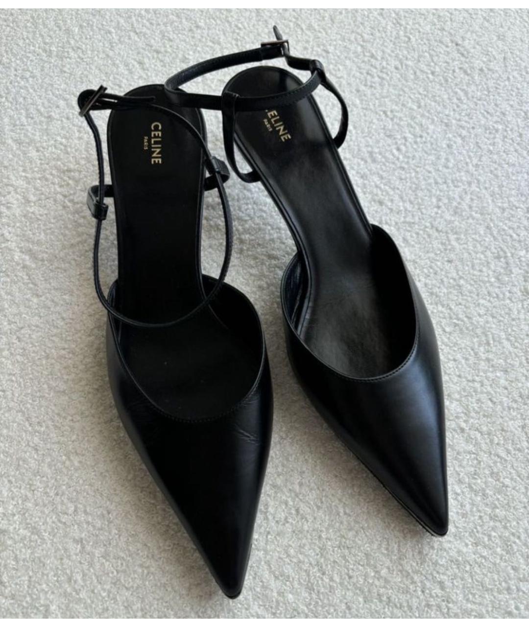 CELINE Черные кожаные лодочки на низком каблуке, фото 2