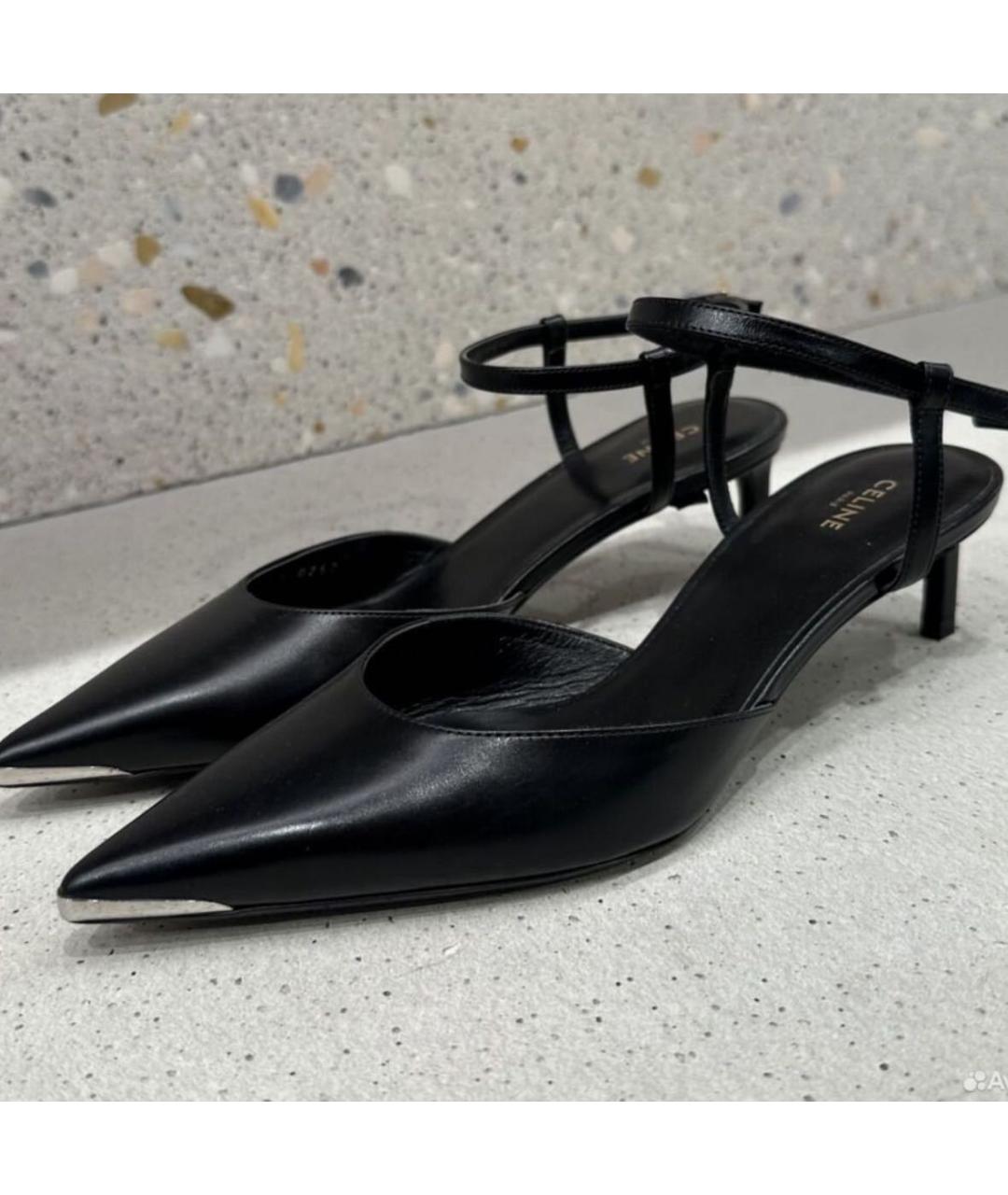 CELINE Черные кожаные лодочки на низком каблуке, фото 6
