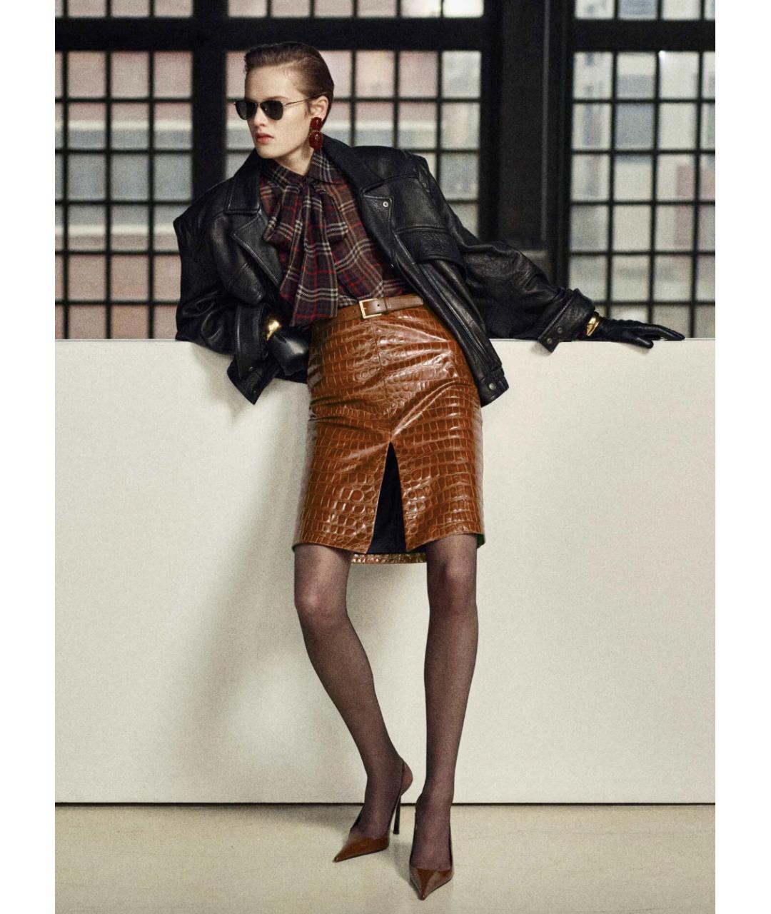 SAINT LAURENT Коричневая кожаная юбка миди, фото 2