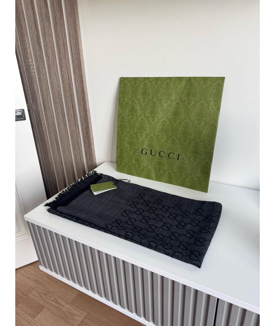 GUCCI Черный шерстяной шарф, фото 2