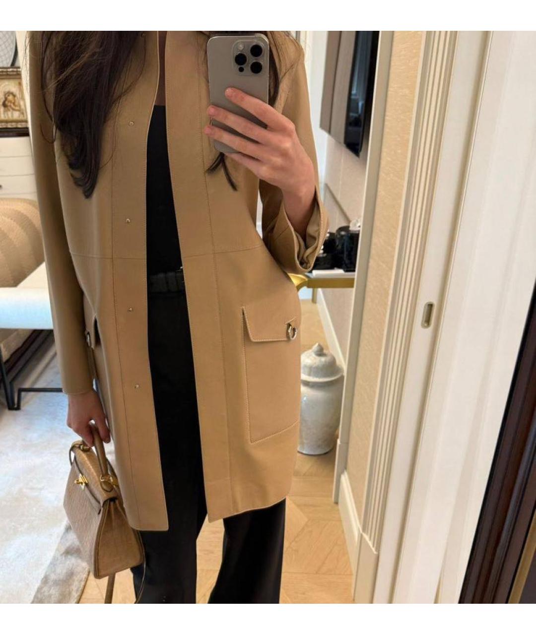 HERMES Бежевое кожаное пальто, фото 3