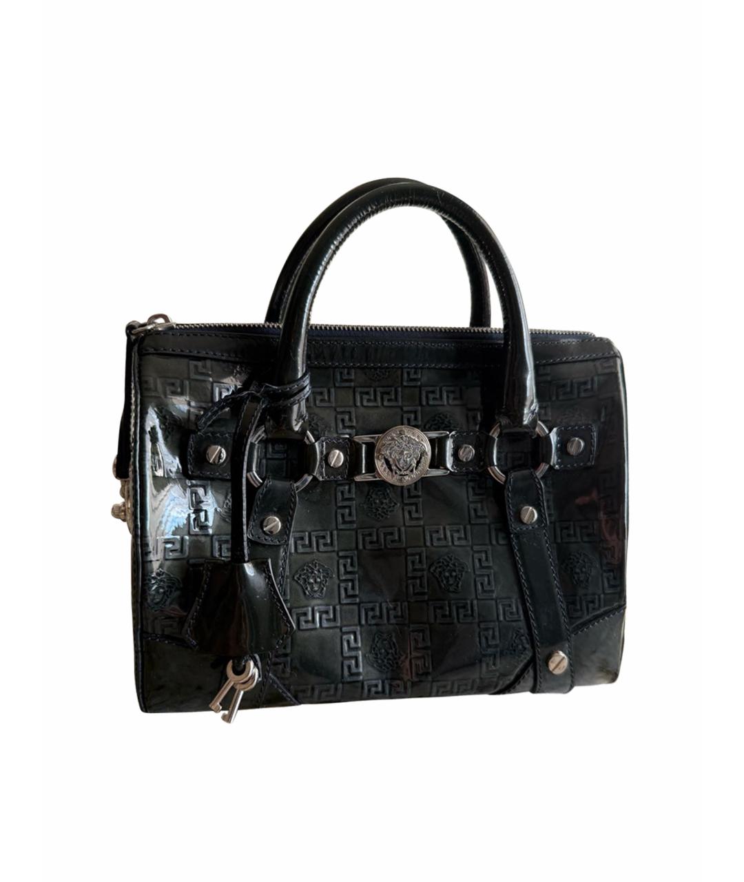 VERSACE Темно-синяя сумка с короткими ручками из лакированной кожи, фото 1