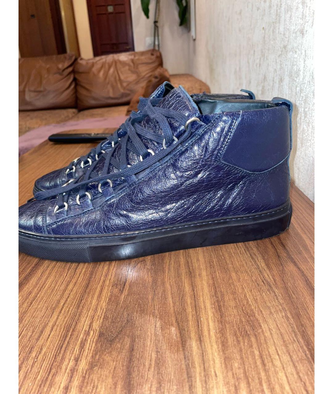 BALENCIAGA Темно-синие кожаные высокие кроссовки / кеды, фото 5