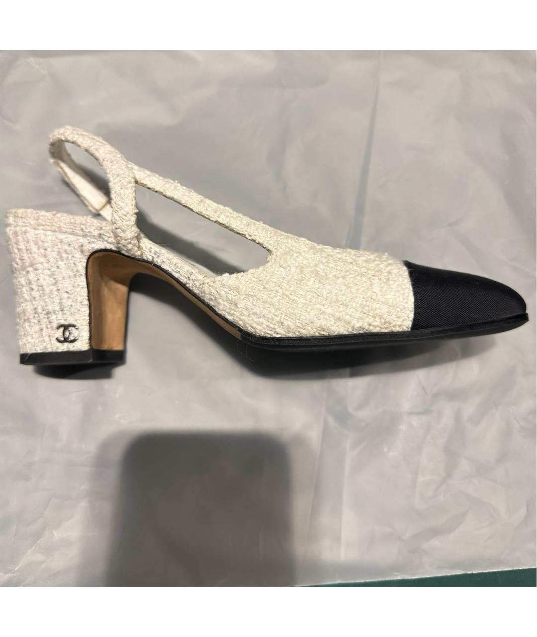 CHANEL Белые текстильные лодочки на низком каблуке, фото 5