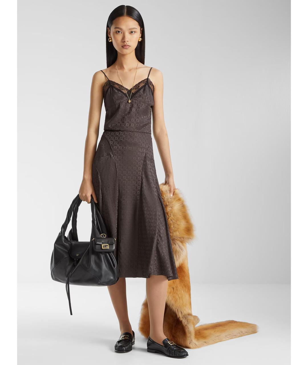 FENDI Коричневая шелковая юбка миди, фото 2