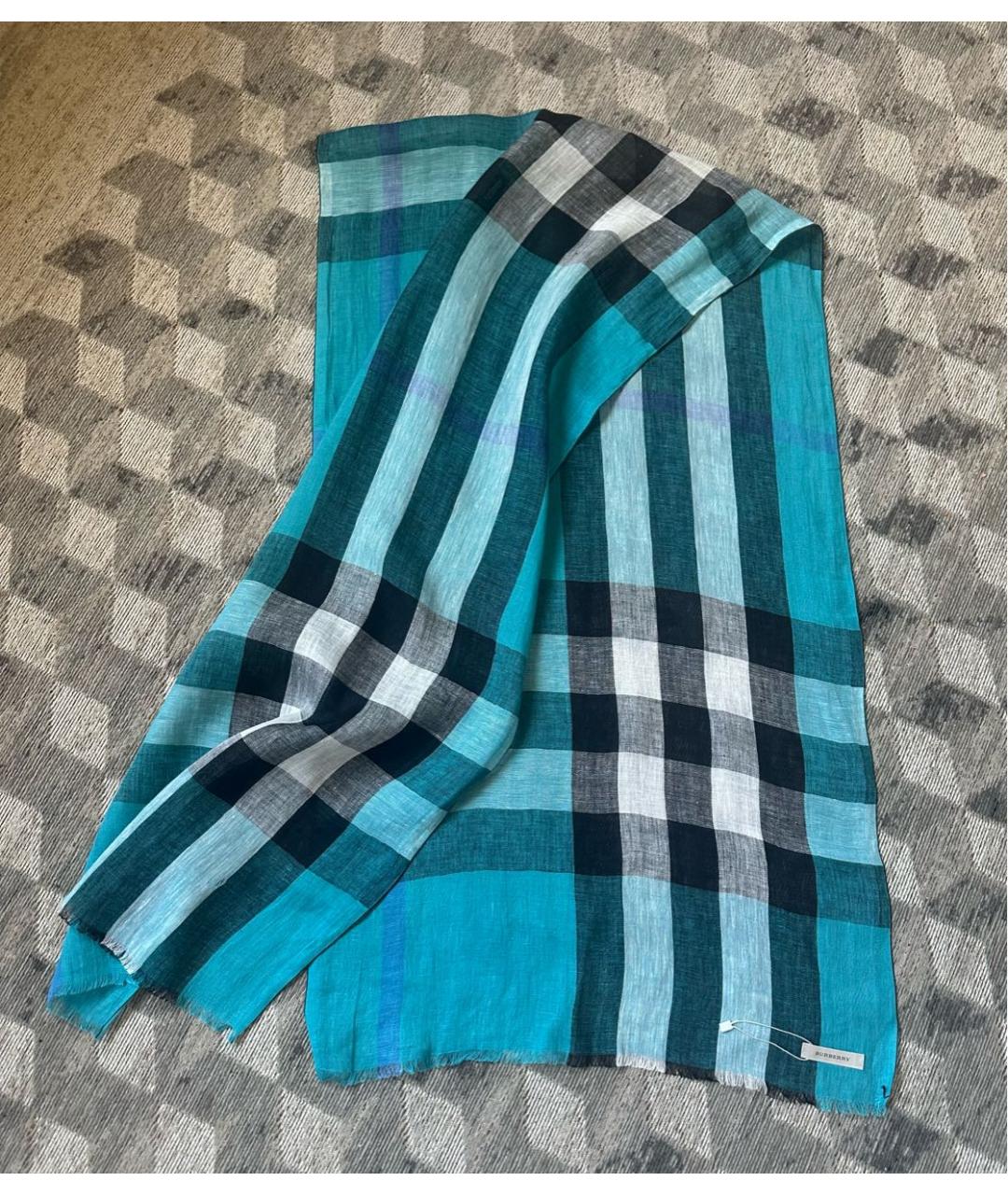 BURBERRY Синий льняной шарф, фото 5