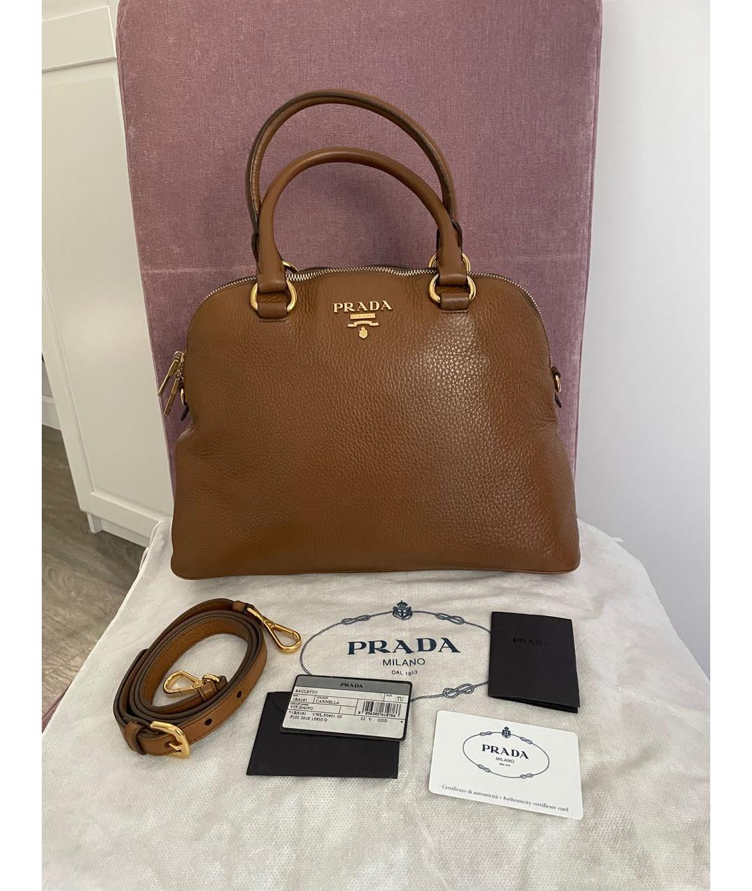 PRADA Коричневая кожаная сумка с короткими ручками, фото 5