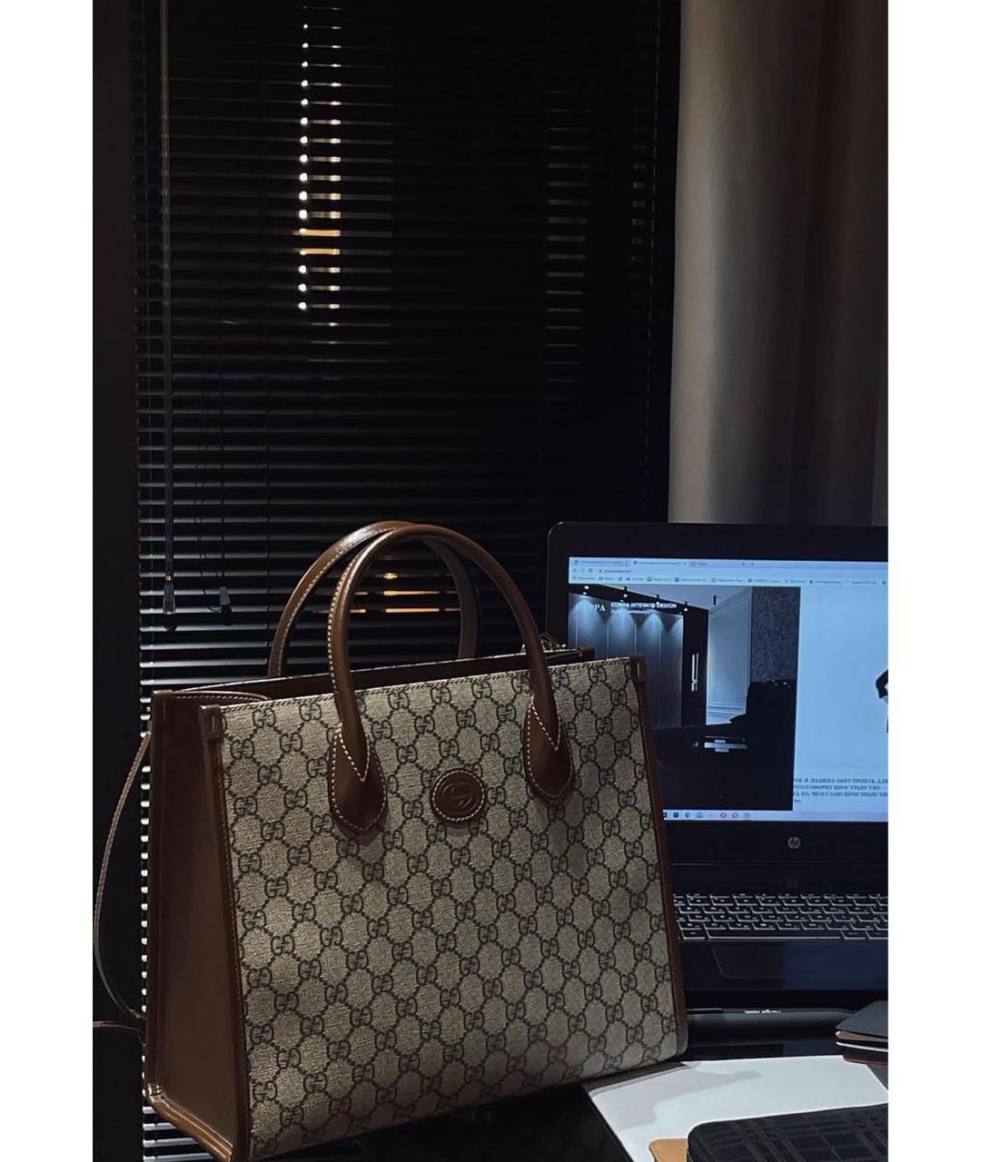 GUCCI Бежевая кожаная сумка тоут, фото 7