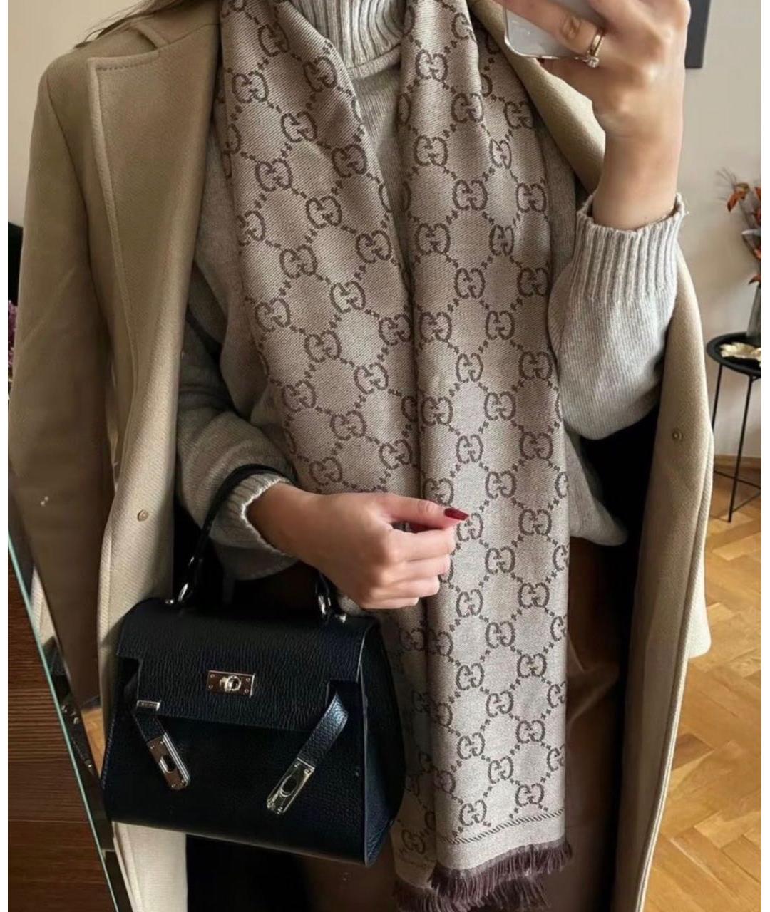 GUCCI Коричневый шелковый шарф, фото 3